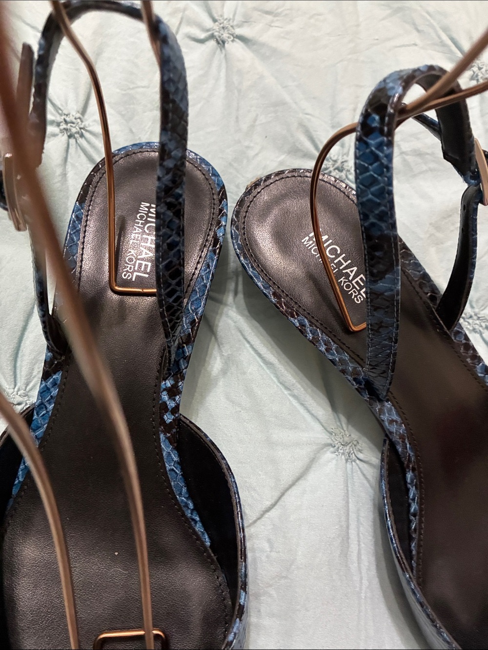 Michael Kors Blue and Black Snake-Print Pointed Slingback Heels - Picture 2 of 5
